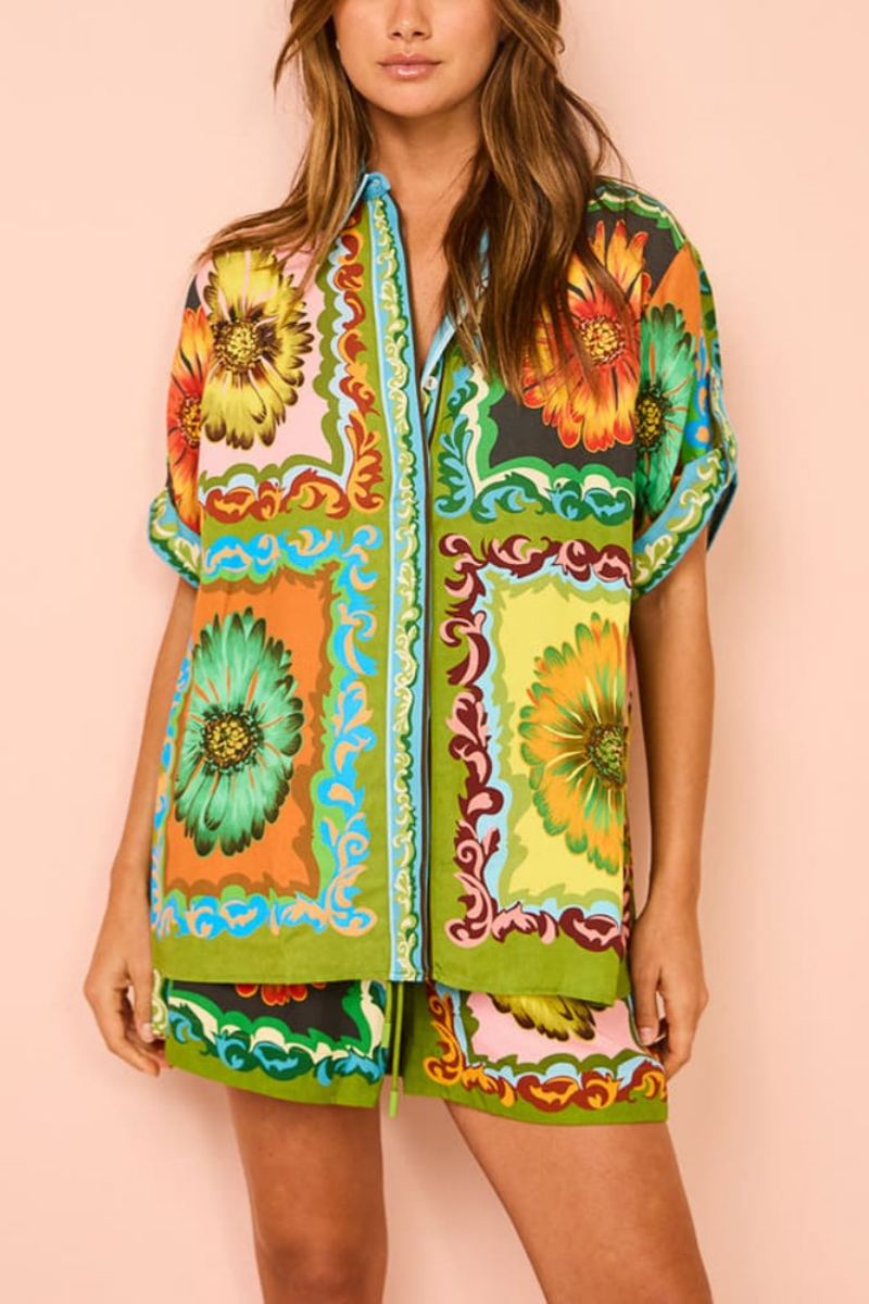 Coordinated Special Sunflower Print Elastic Waist Shorts-Set