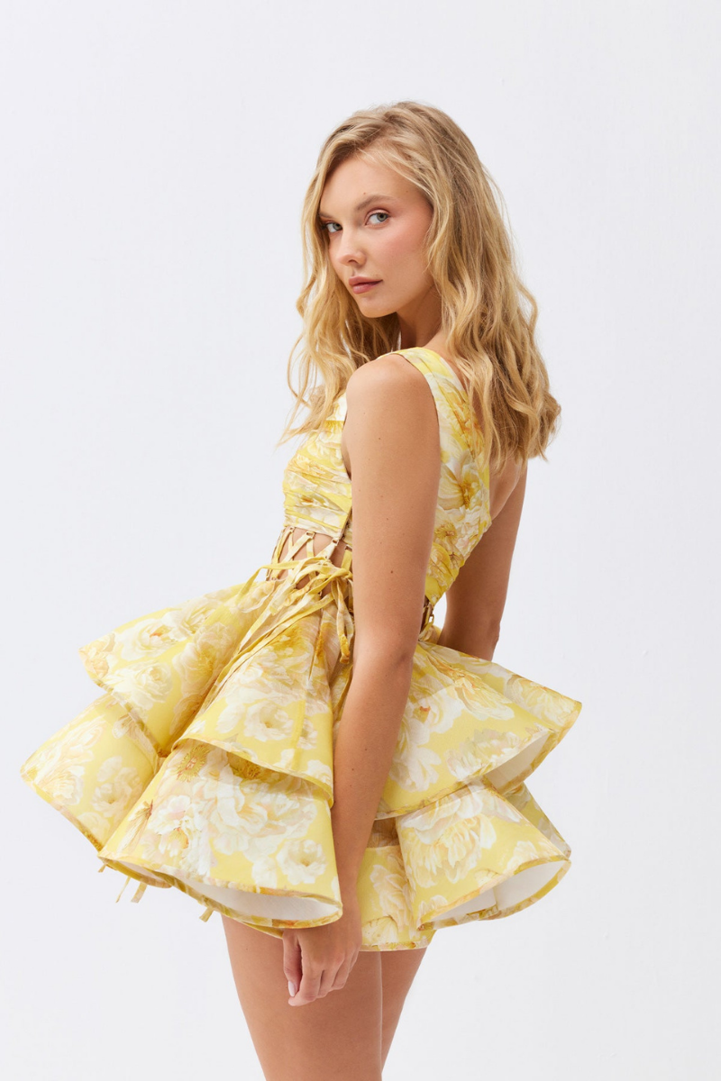 Cora One-Shoulder Ruffled Cut-Out Mini-Length Dress In Yellow