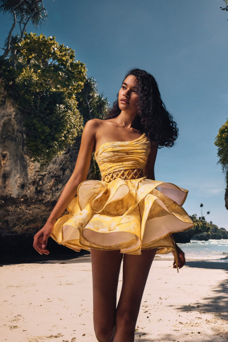 Cora One-Shoulder Ruffled Cut-Out Mini-Length Dress In Yellow