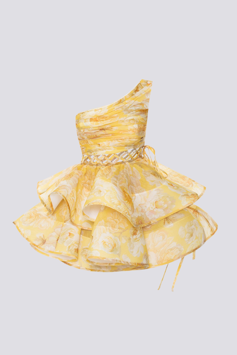 Cora One-Shoulder Ruffled Cut-Out Mini-Length Dress In Yellow