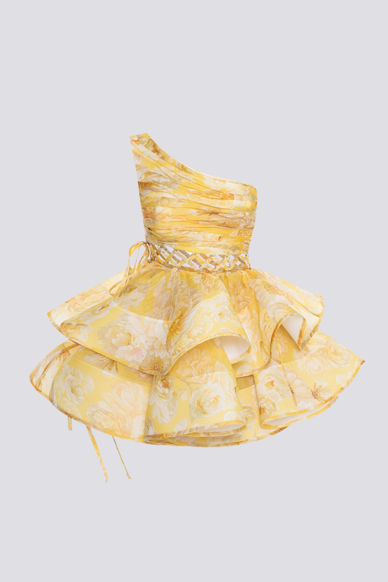 Cora One-Shoulder Ruffled Cut-Out Mini-Length Dress In Yellow