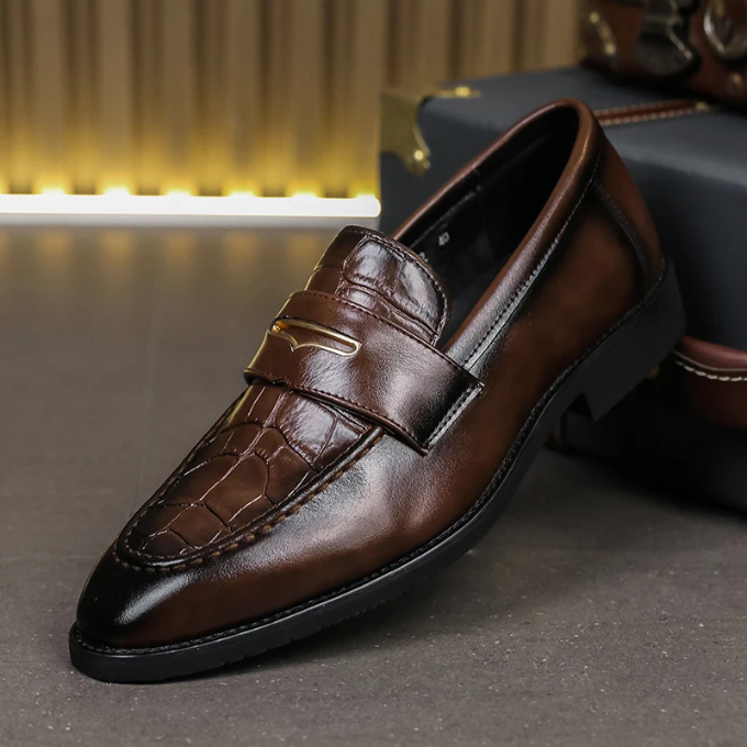 Full-Grain Leather Loafers with Croc-Embossed Texture