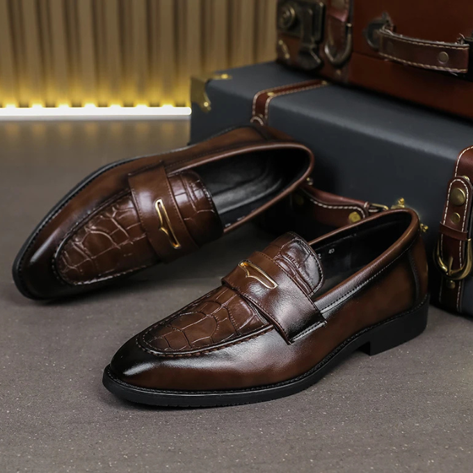 Full-Grain Leather Loafers with Croc-Embossed Texture