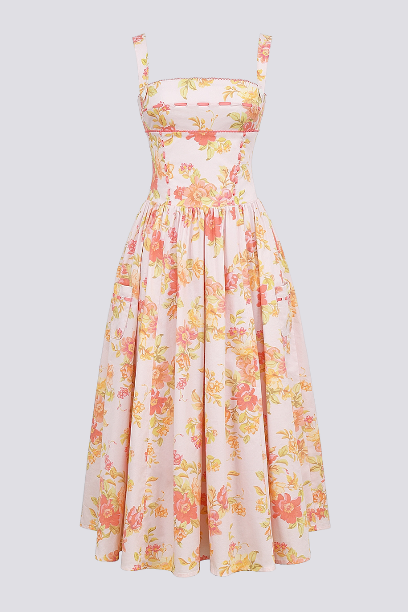 Cybele Peach Poppy Print Midi-Length Dress