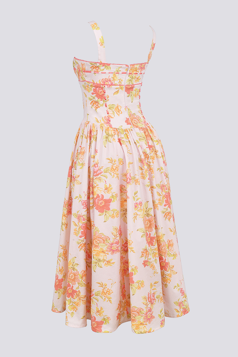 Cybele Peach Poppy Print Midi-Length Dress