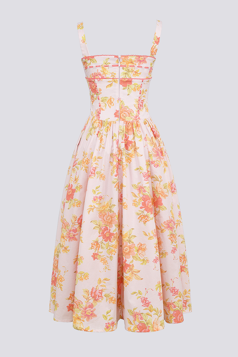 Cybele Peach Poppy Print Midi-Length Dress