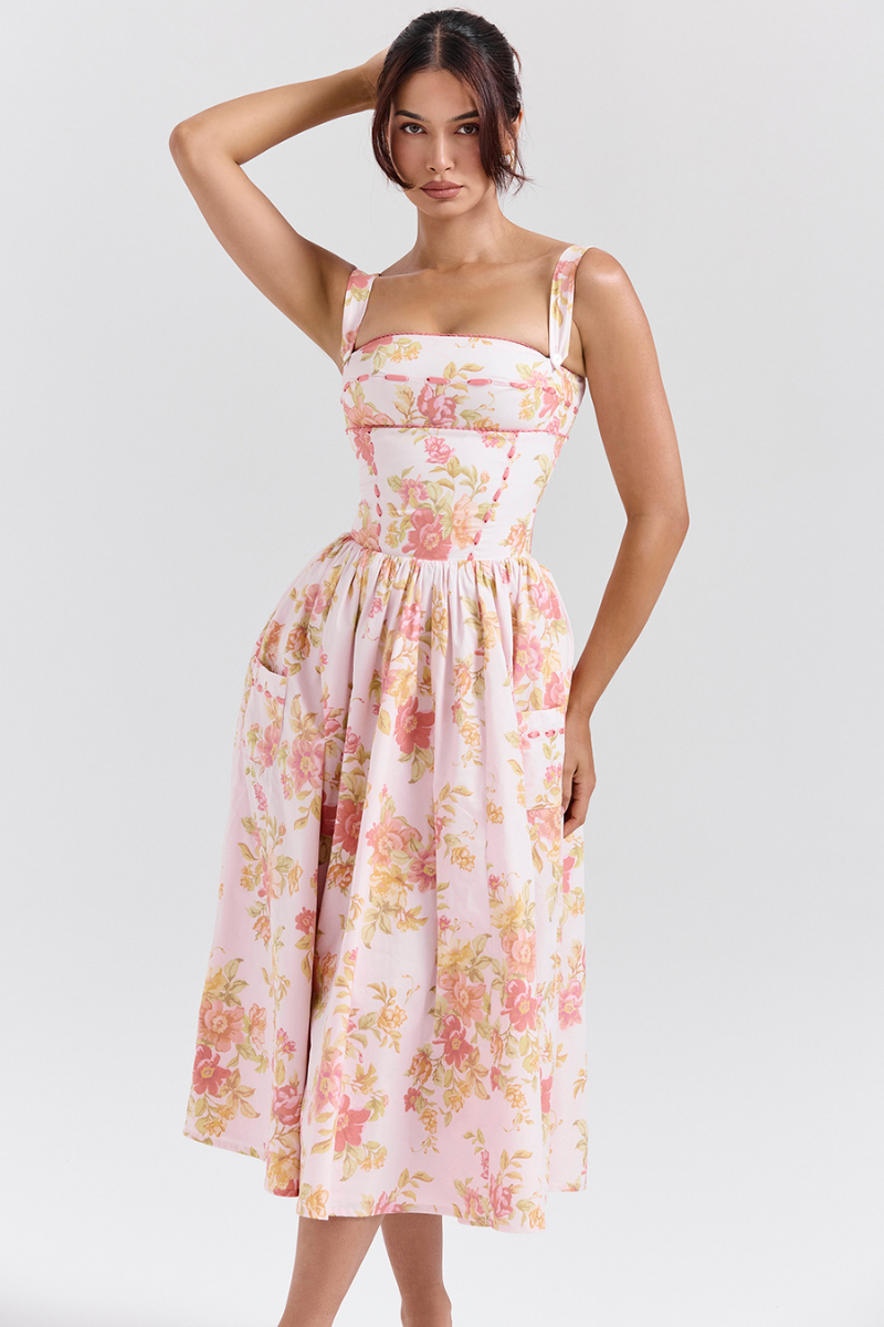 Cybele Peach Poppy Print Midi-Length Dress