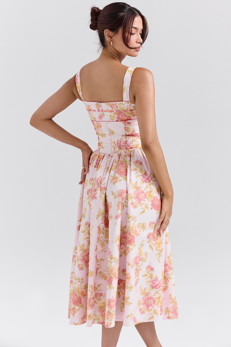 Cybele Peach Poppy Print Midi-Length Dress