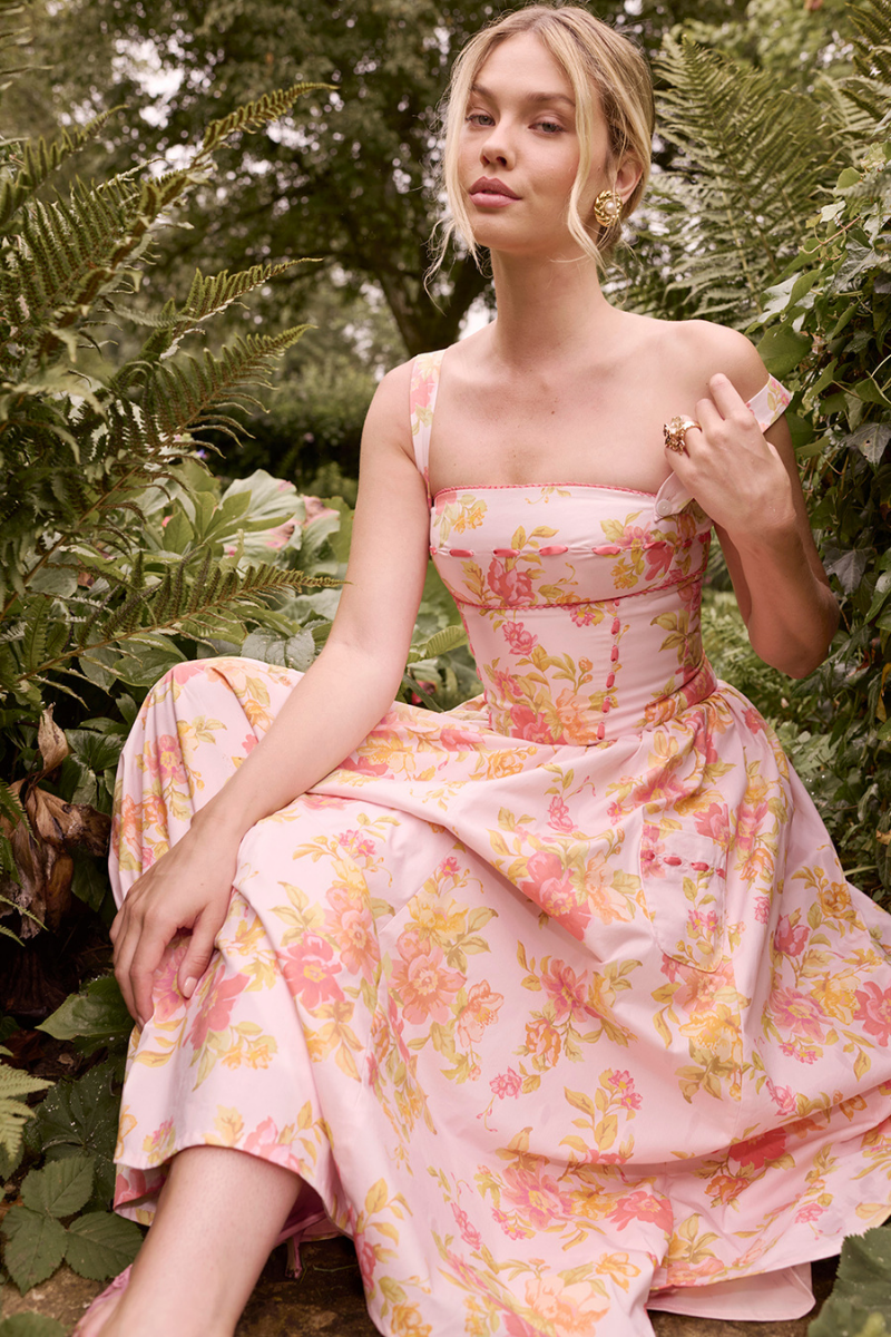 Cybele Peach Poppy Print Midi-Length Dress