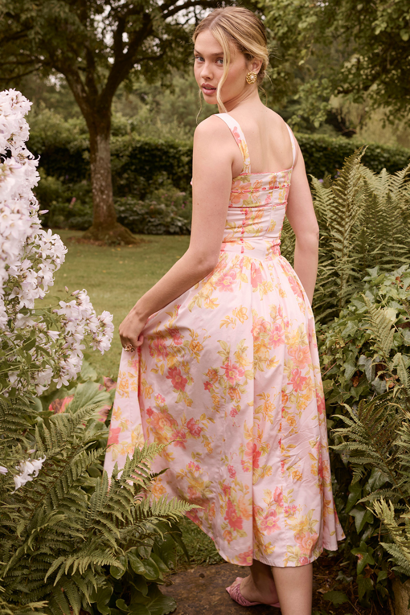 Cybele Peach Poppy Print Midi-Length Dress