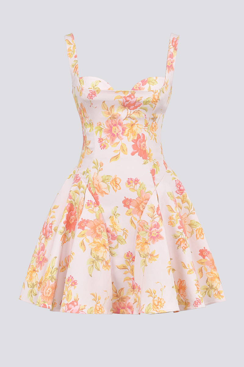 Cynthia Peach Poppy Print Mini-Length Dress