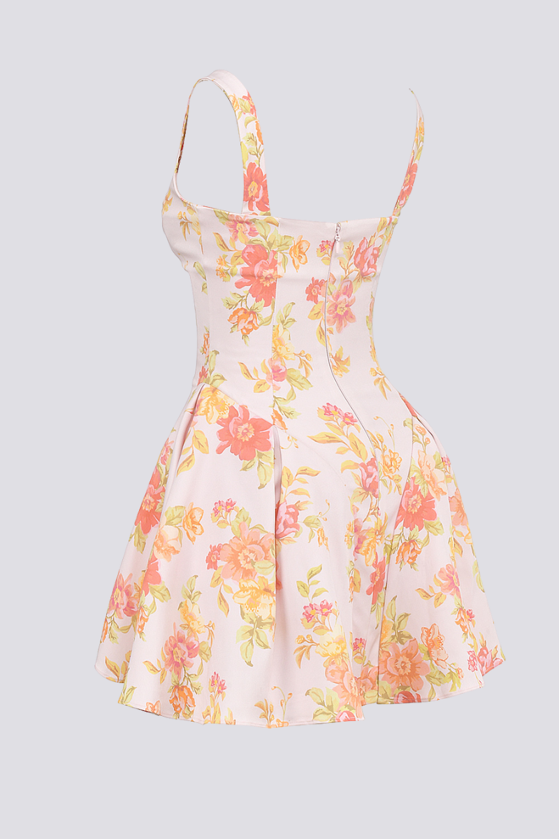 Cynthia Peach Poppy Print Mini-Length Dress