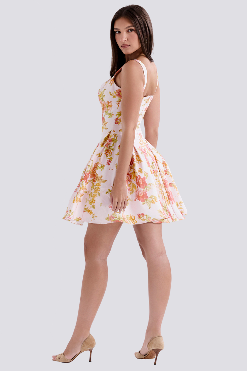 Cynthia Peach Poppy Print Mini-Length Dress