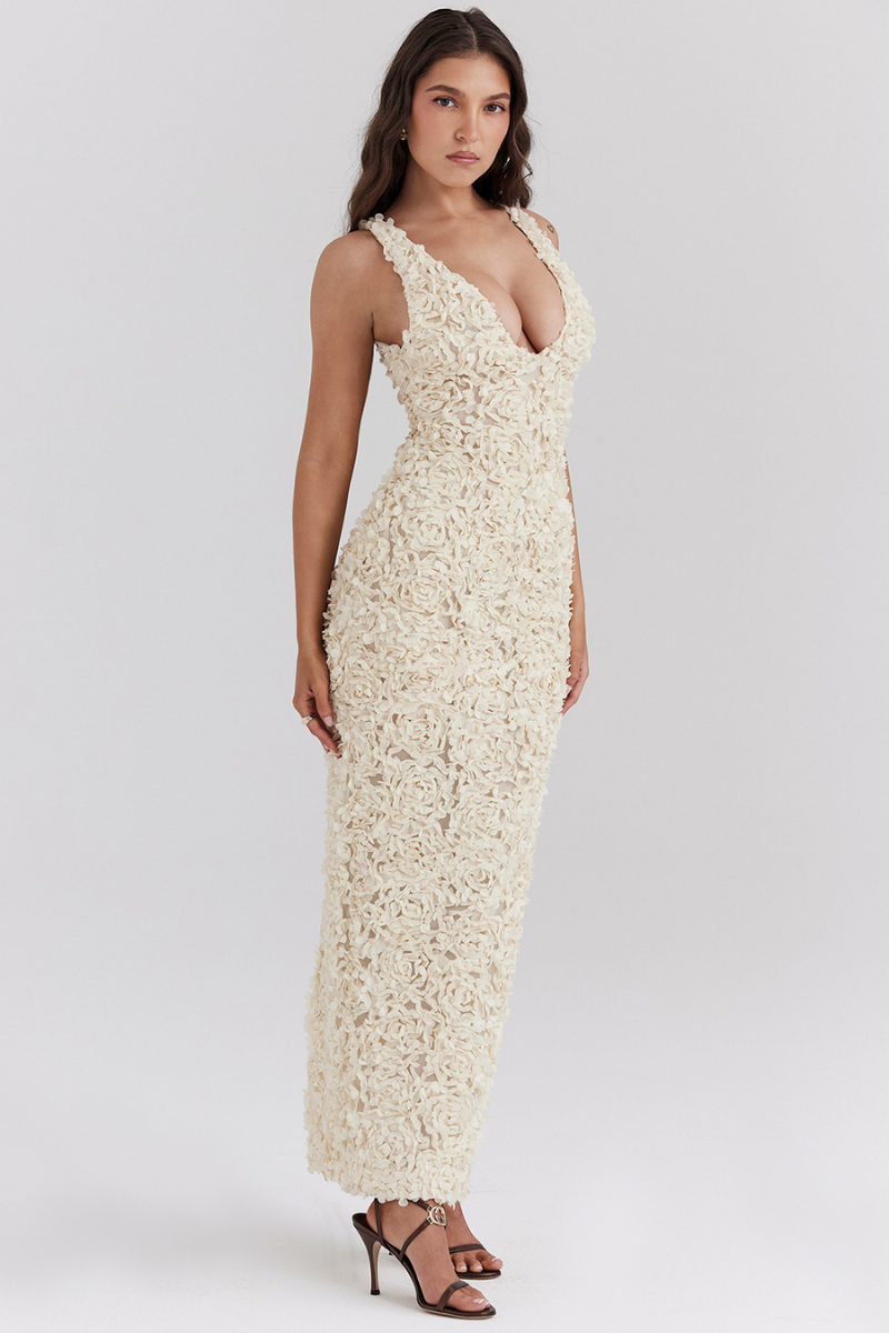 Cyprine Plunge Neck Open-Back Maxi-Length Dress