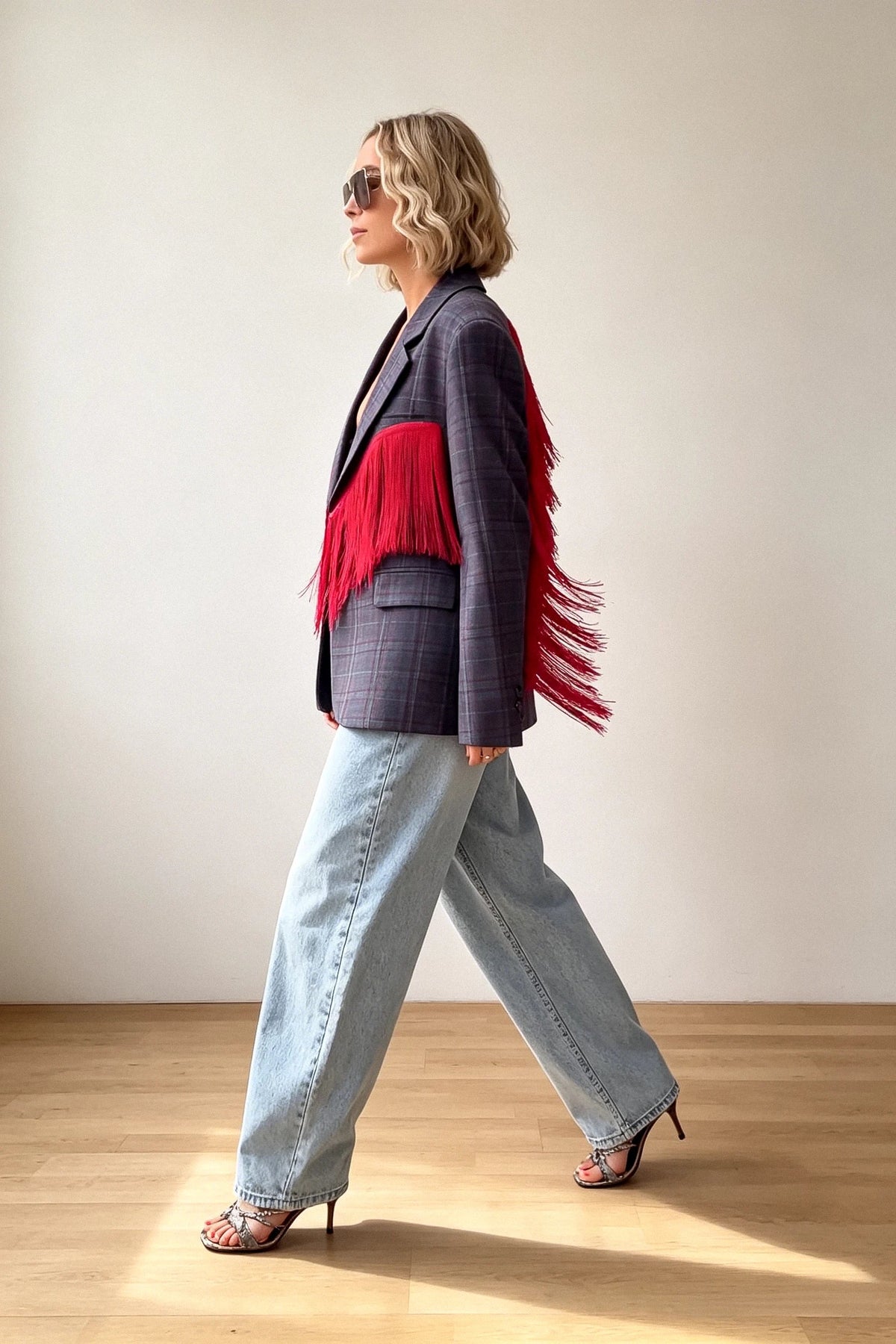 Modern Plaid Blazer with Red Fringe Angel Wings
