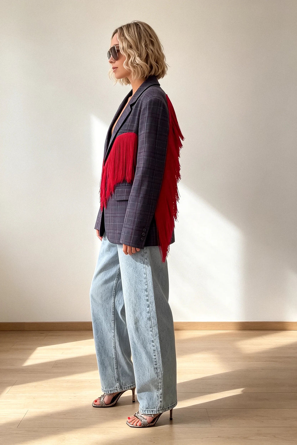 Modern Plaid Blazer with Red Fringe Angel Wings