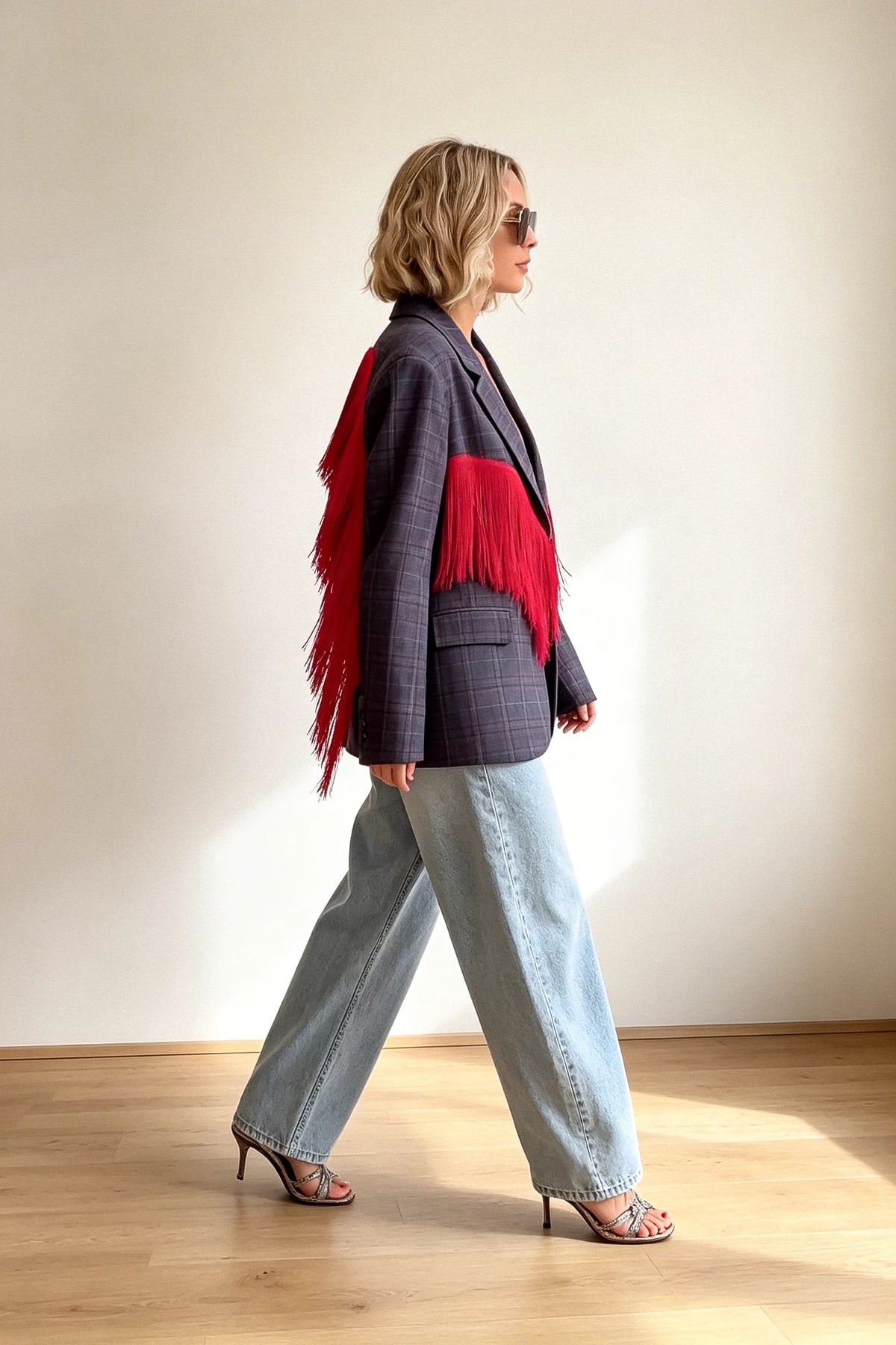 Modern Plaid Blazer with Red Fringe Angel Wings