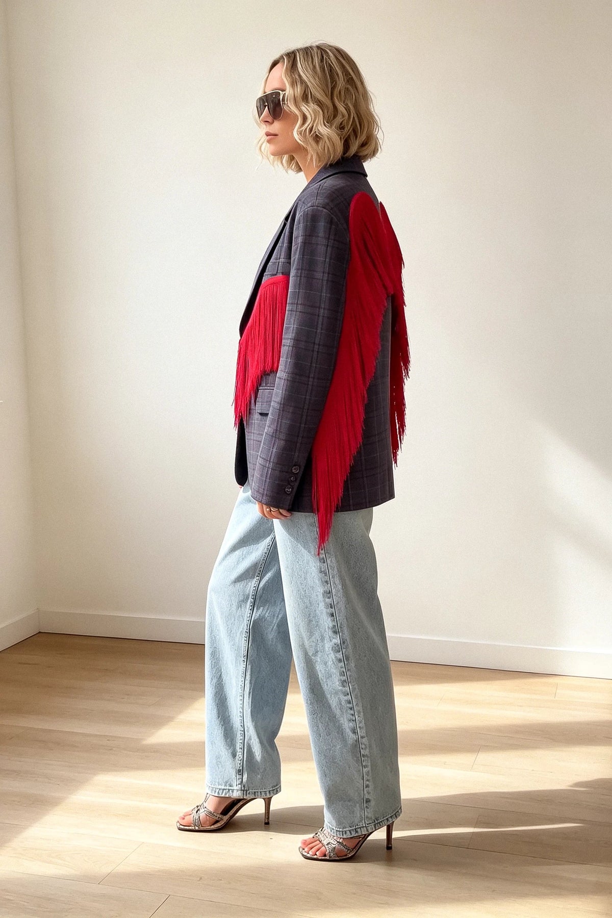 Modern Plaid Blazer with Red Fringe Angel Wings
