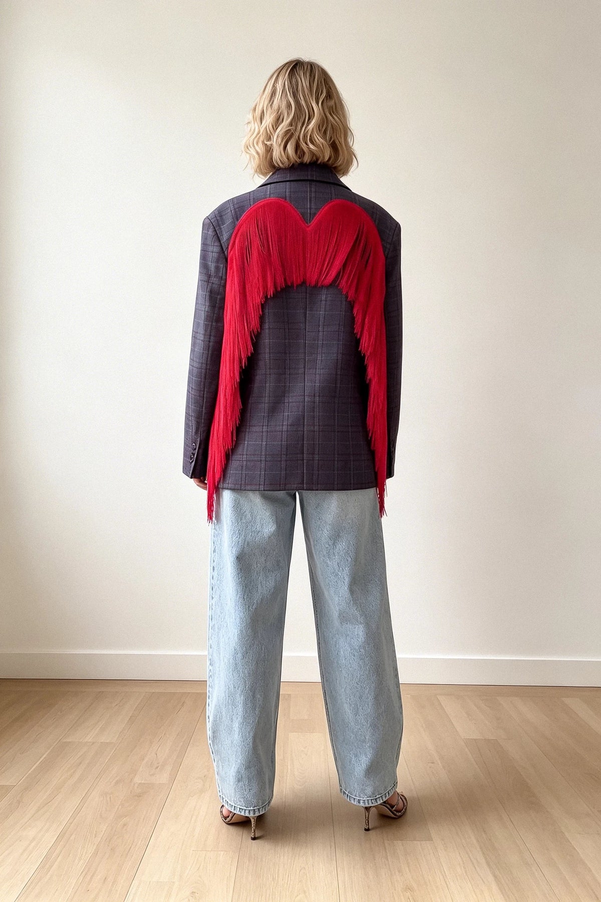 Modern Plaid Blazer with Red Fringe Angel Wings