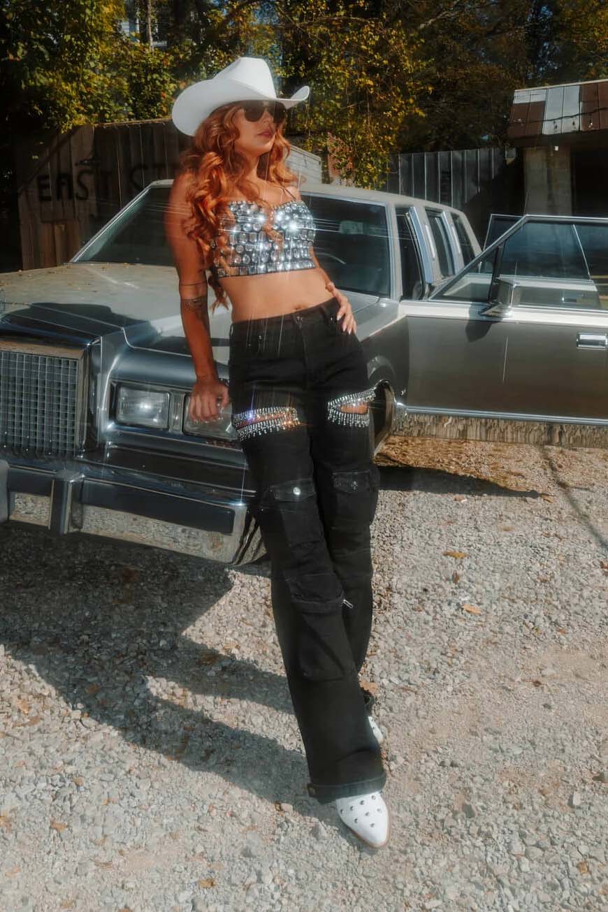 Cut Out Crystal-Detail Cargo Jeans