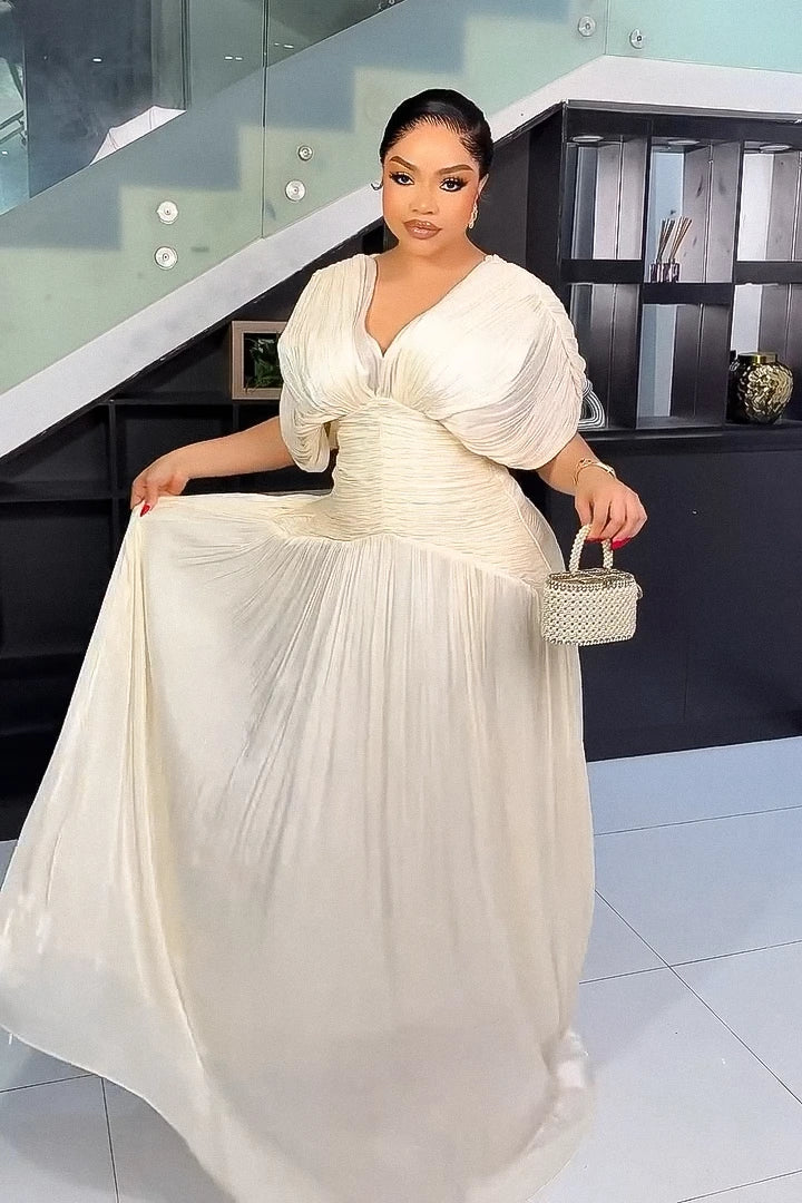 Refined Cream Pleated Maxi-Length Dress