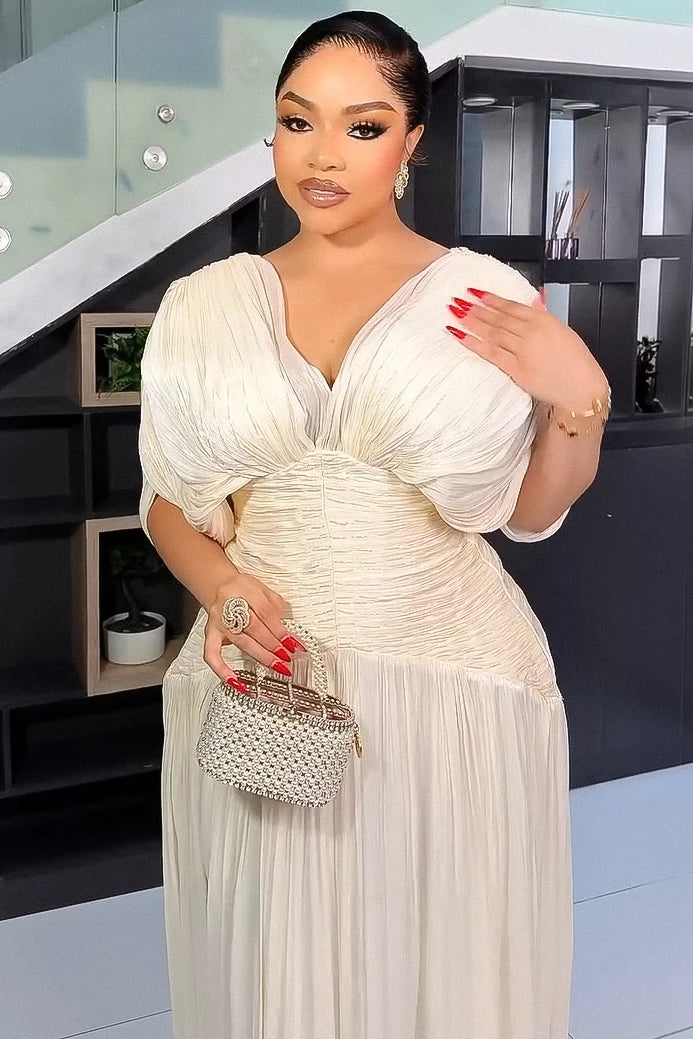 Refined Cream Pleated Maxi-Length Dress