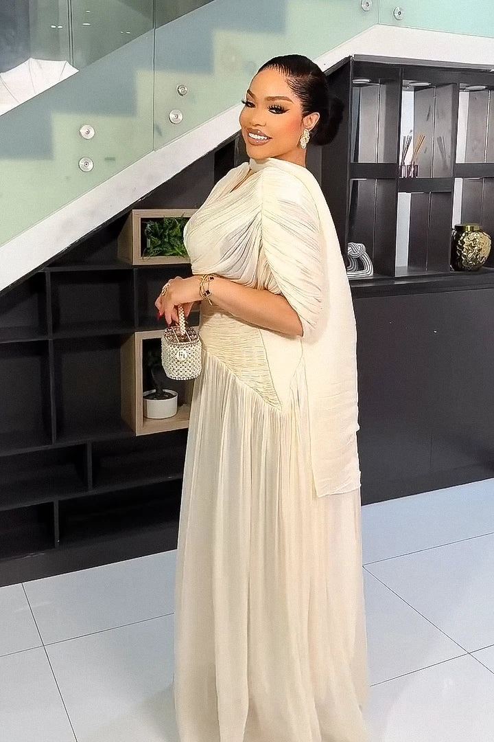 Refined Cream Pleated Maxi-Length Dress