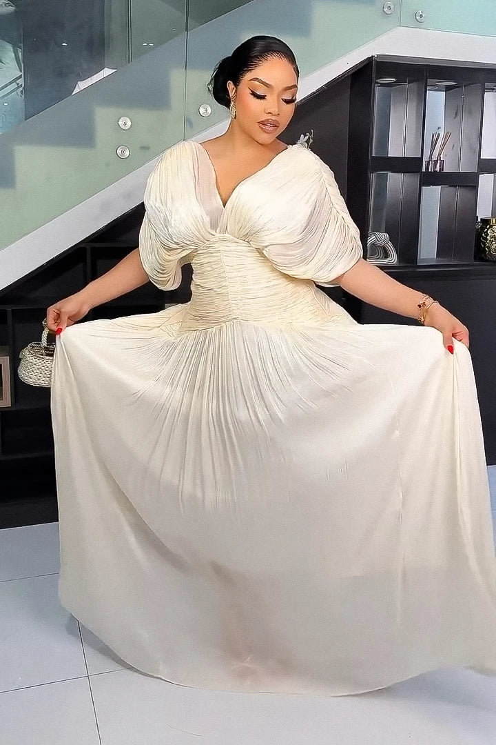 Refined Cream Pleated Maxi-Length Dress