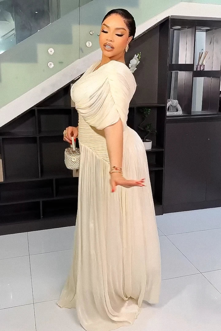 Refined Cream Pleated Maxi-Length Dress