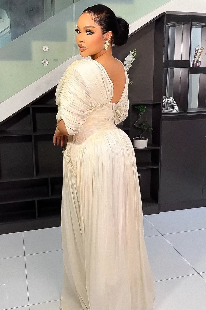 Refined Cream Pleated Maxi-Length Dress