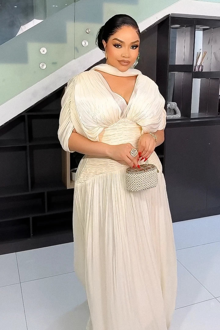 Refined Cream Pleated Maxi-Length Dress