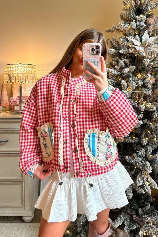 Modern Plaid Pink Heart Pocket Jacket