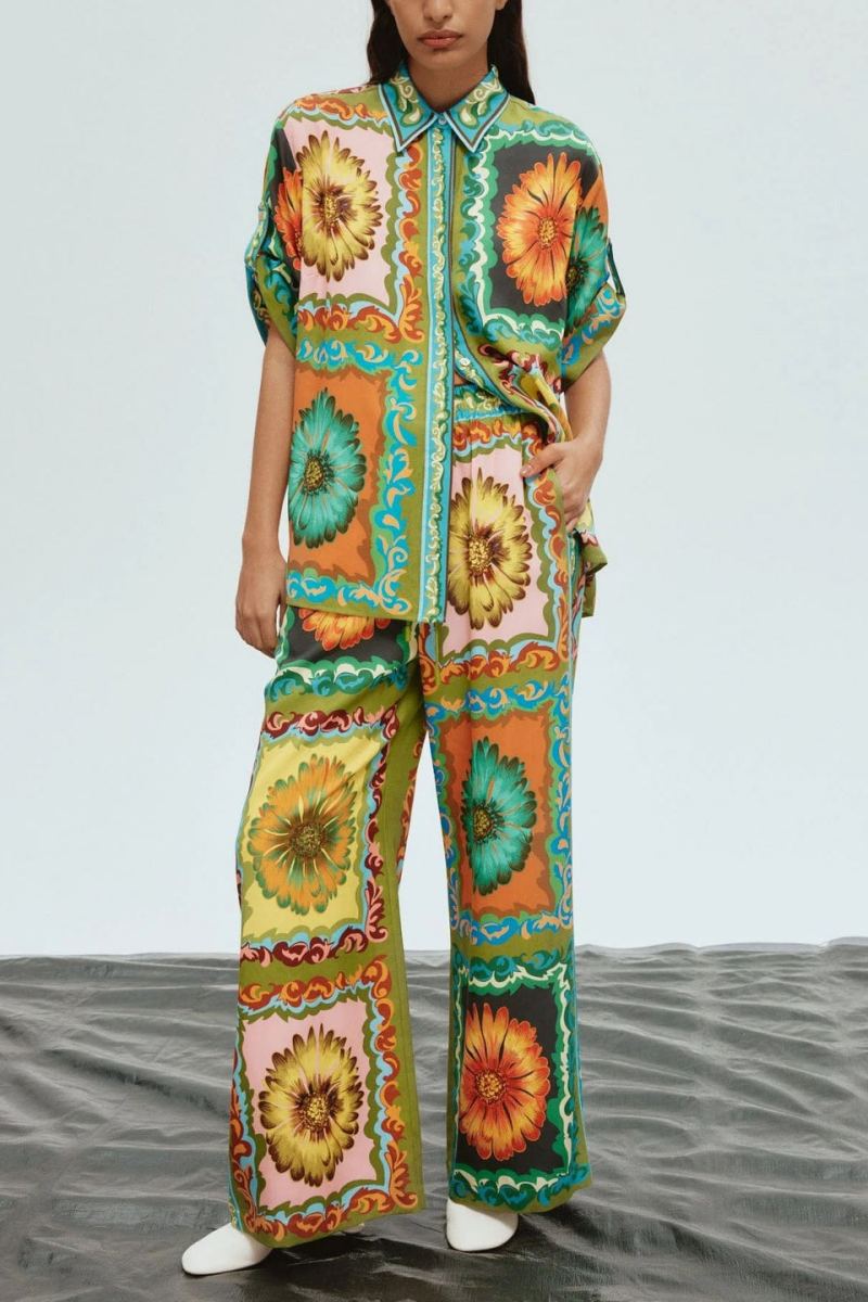 Distinctive Sunflower Print Wide-Leg Trousers-Set