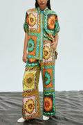 Distinctive Sunflower Print Wide-Leg Trousers-Set