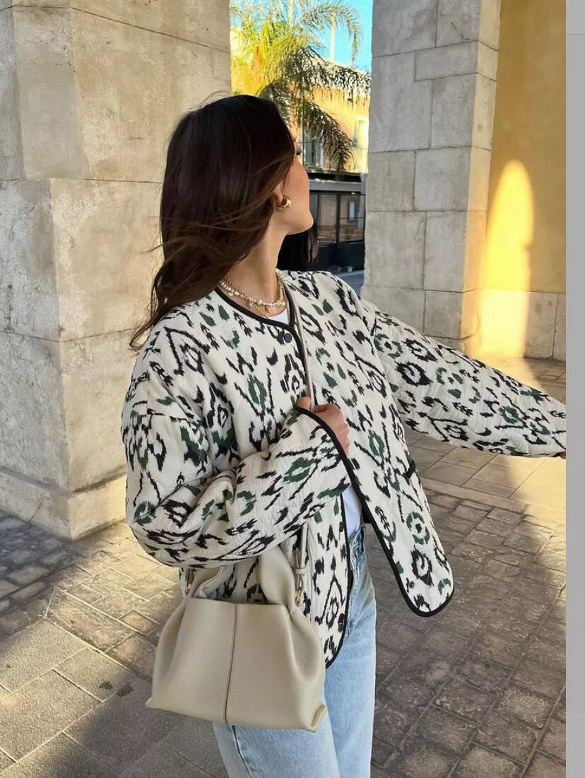 Quilted Jacket with Geometric Pattern and Relaxed Fit