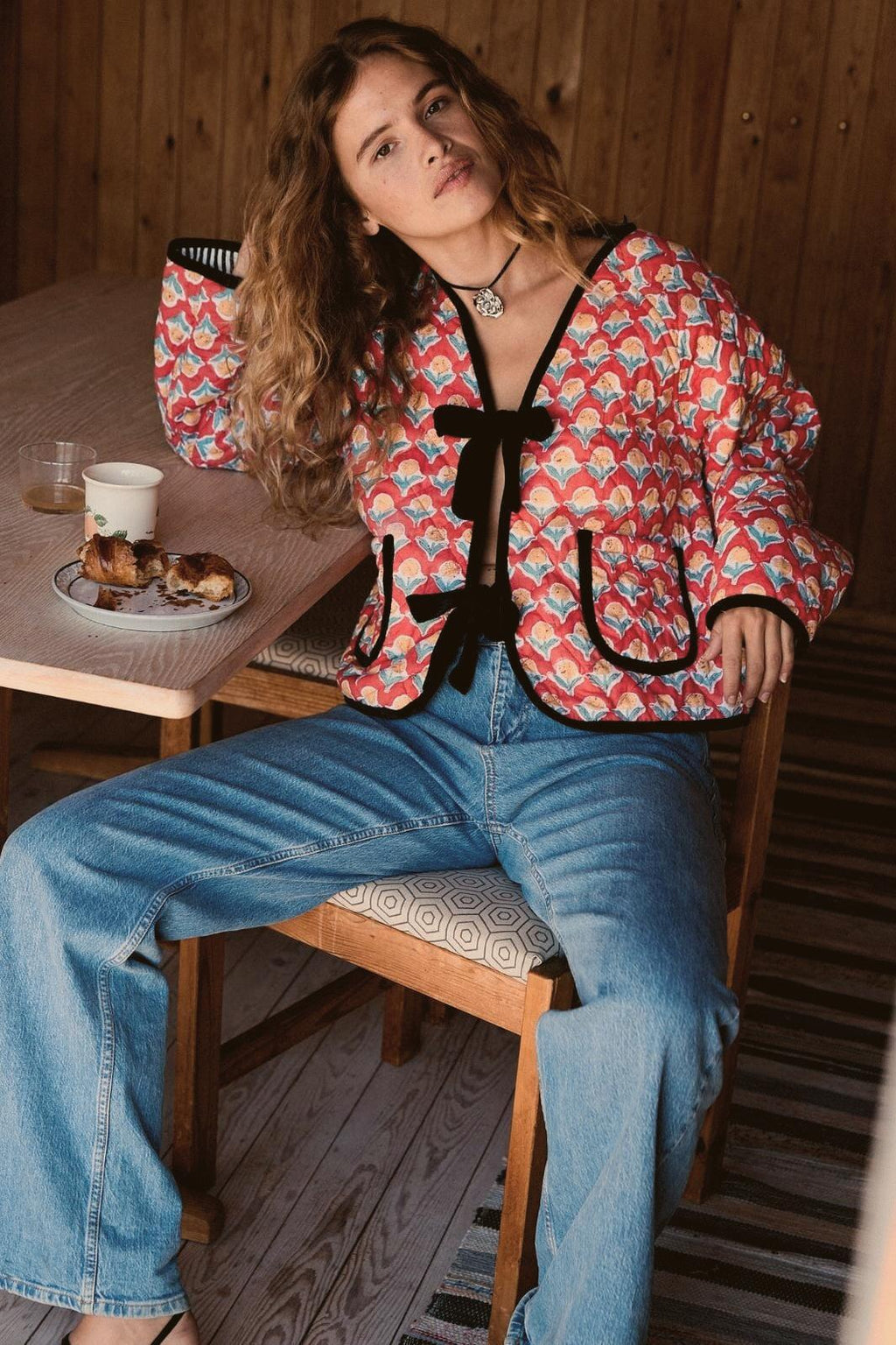 Lightweight Jacket with Floral Print and Bow Details
