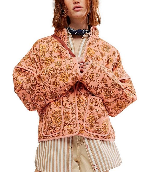 Jacket with Floral Print, Patchwork and Stand Collar