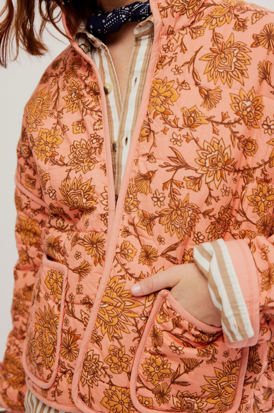 Jacket with Floral Print, Patchwork and Stand Collar