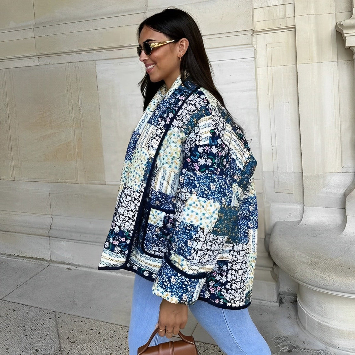 Jacket with Floral Print, Patchwork and Lapel Collar