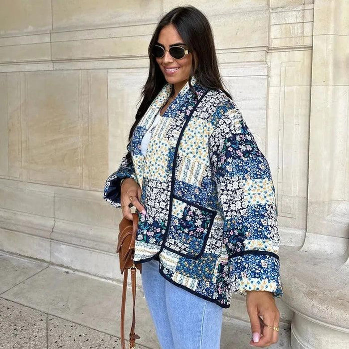 Jacket with Floral Print, Patchwork and Lapel Collar
