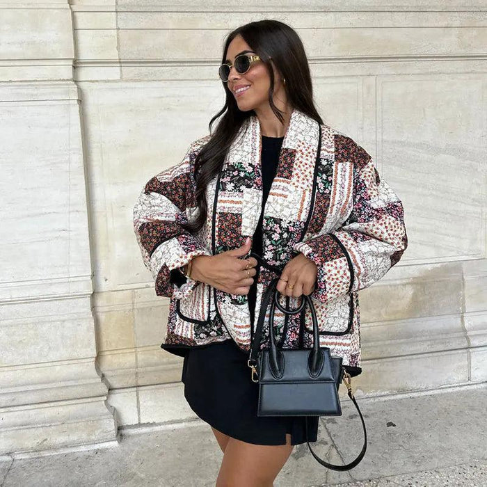 Jacket with Floral Print, Patchwork and Lapel Collar