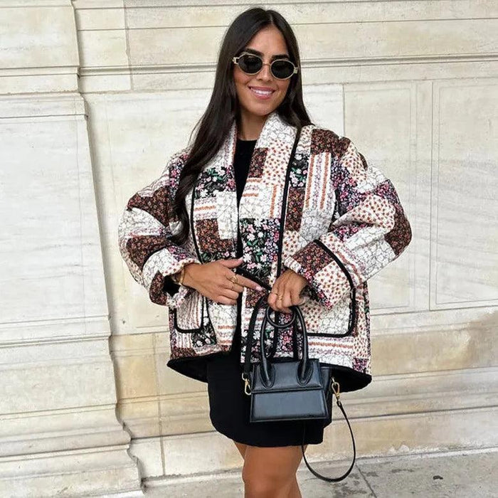 Jacket with Floral Print, Patchwork and Lapel Collar