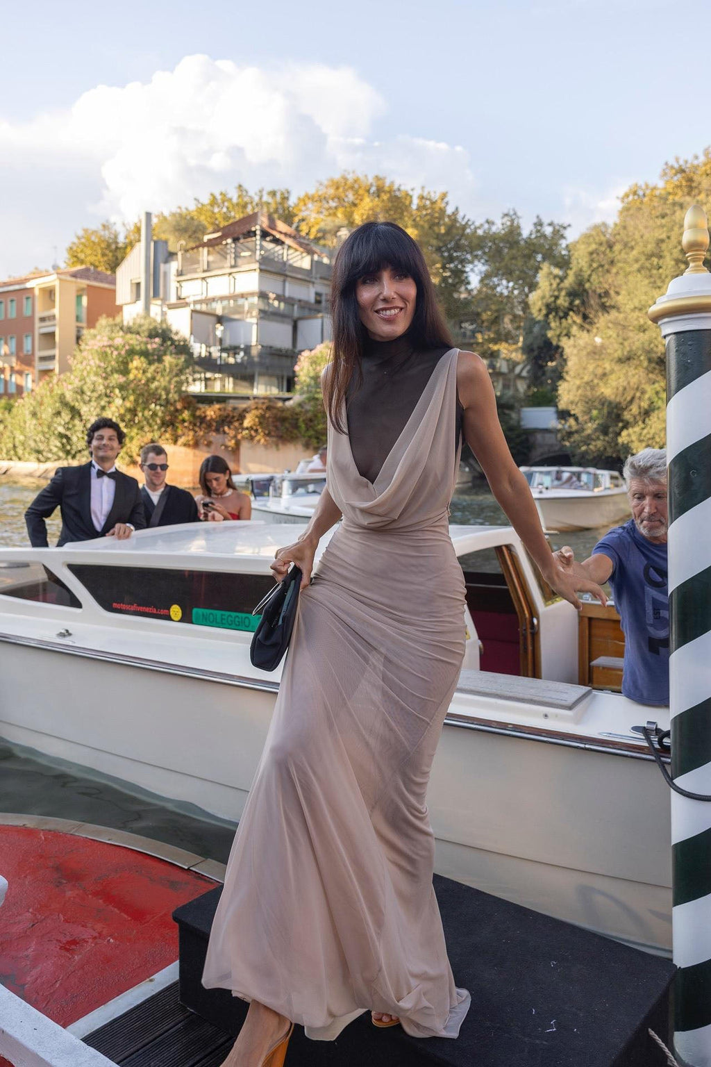 Sheer Mock Neck Cowl Front Maxi-Length Dress
