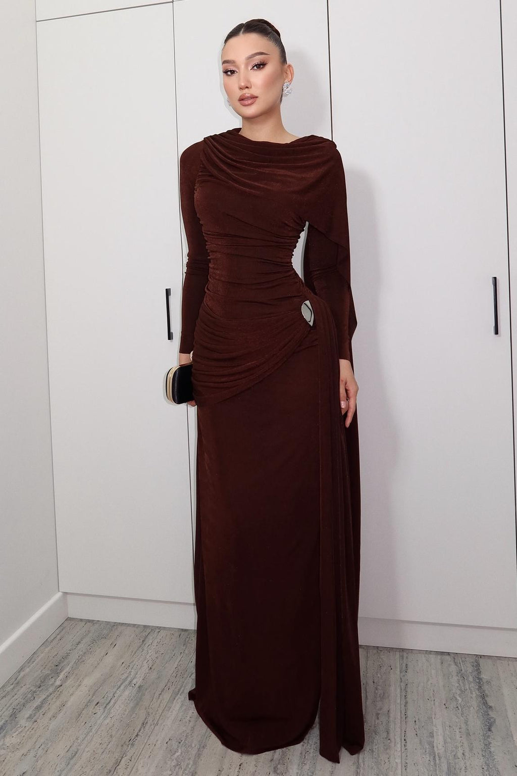 Draped Long Sleeve Maxi-Length Dress