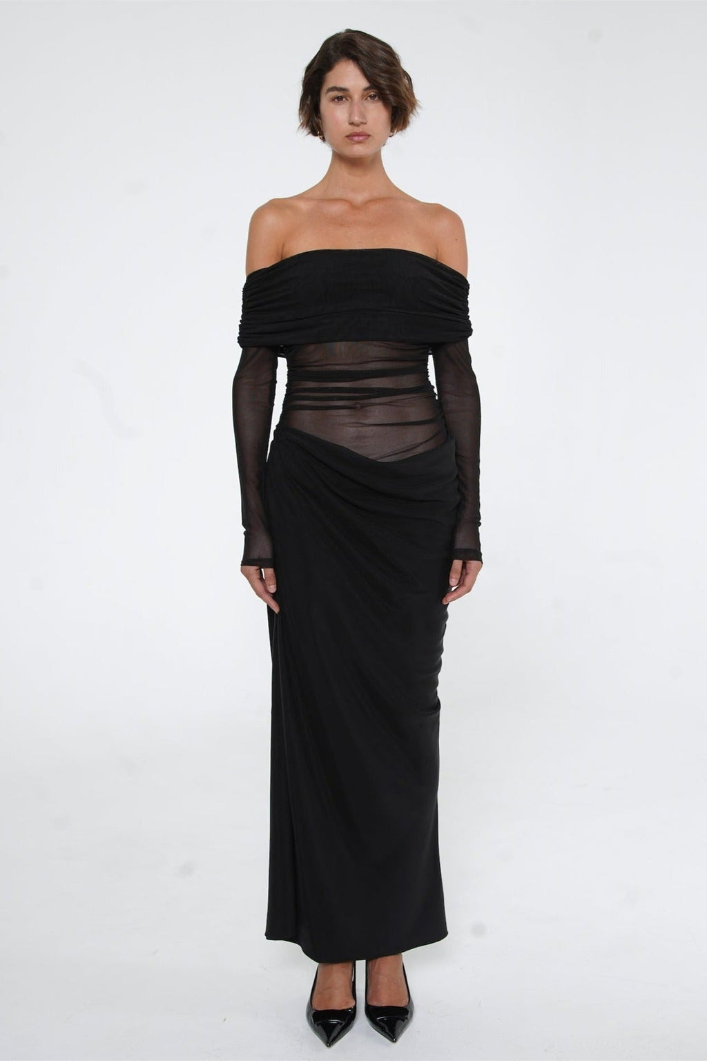 Lillian Off-Shoulder Sheer Maxi Mesh Dress