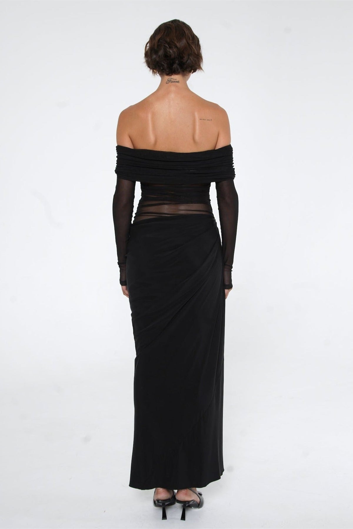 Lillian Off-Shoulder Sheer Maxi Mesh Dress
