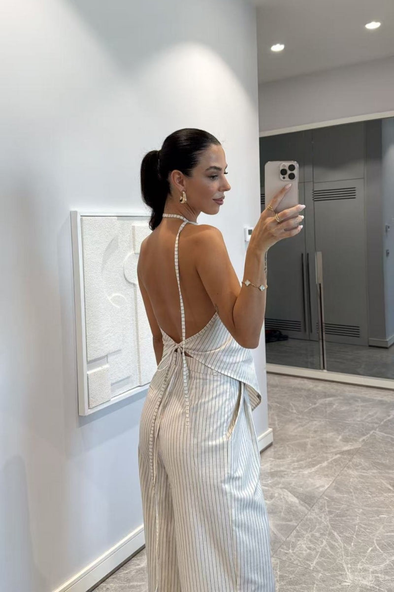 Coordinated One-Shoulder Striped Two-Piece Set