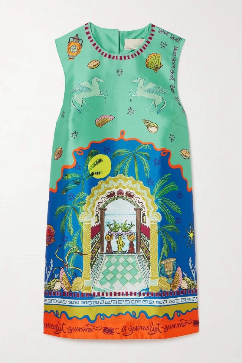 Modern Botanical Print Satin Dress