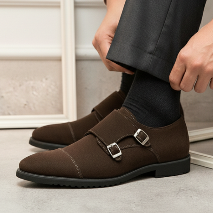 Suede Monk Strap Shoes with Double Buckle Strap