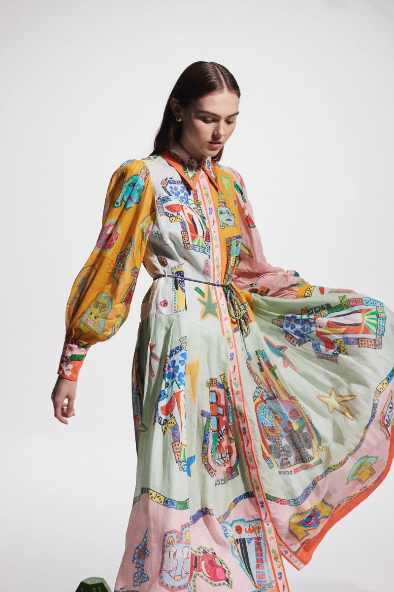 Danielle Balloon Sleeve Patchwork Maxi-Length Dress